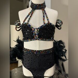 Black and Rainbow Rhinestone Dance Costume | Teen Adult Small